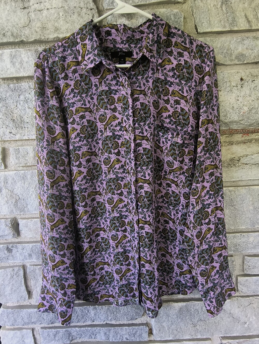 J.Crew 100% Silk Tiger Botanical Print Button-Down Blouse Size 14 Purple Fall